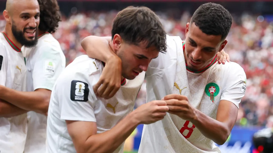 <img src="imagem.jpg" alt="Brahim Díaz comemora um dos gols de Marrocos na Copa do Mundo">